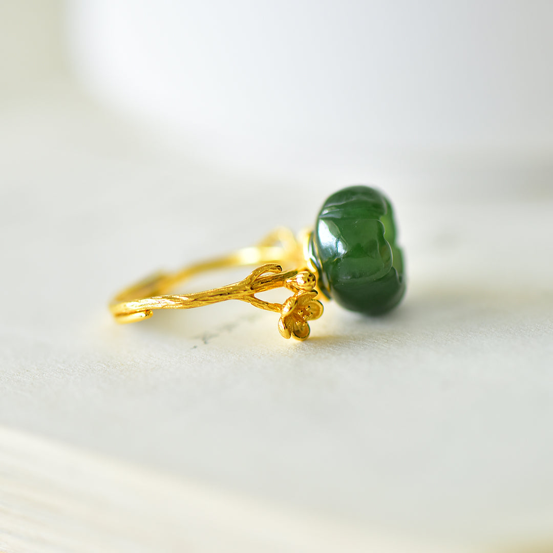 S925 Silver Nephrite Green Jade Lotus Flower Ring - Pure Silver Style