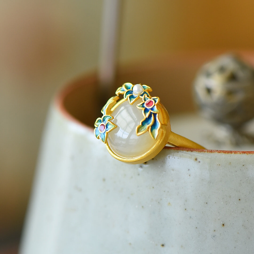 S925 Silver Enamel Nephrite Jade Ring - Modern Fashion Jewelry