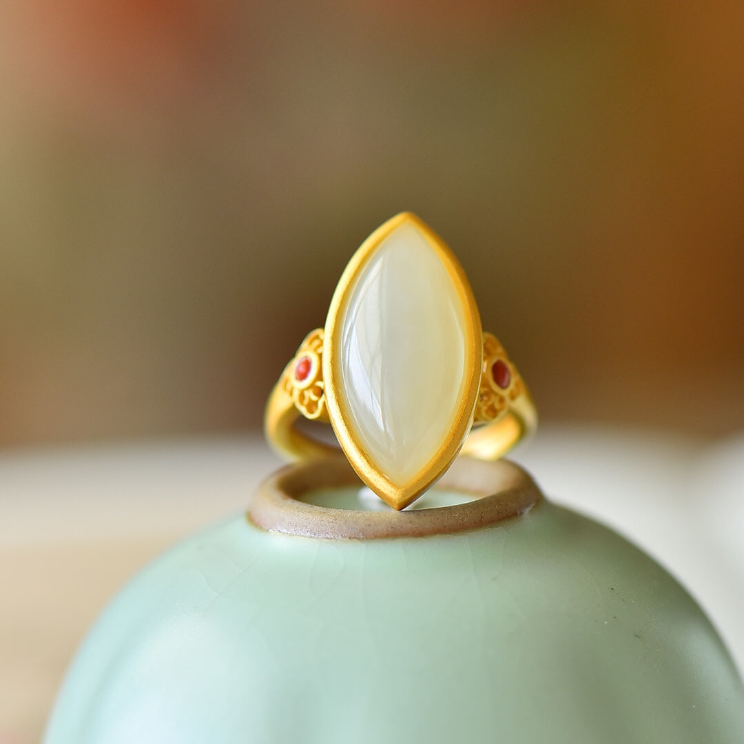 S925 Silver Nephrite Jade Ring - Frosted Gold Minimalist Design