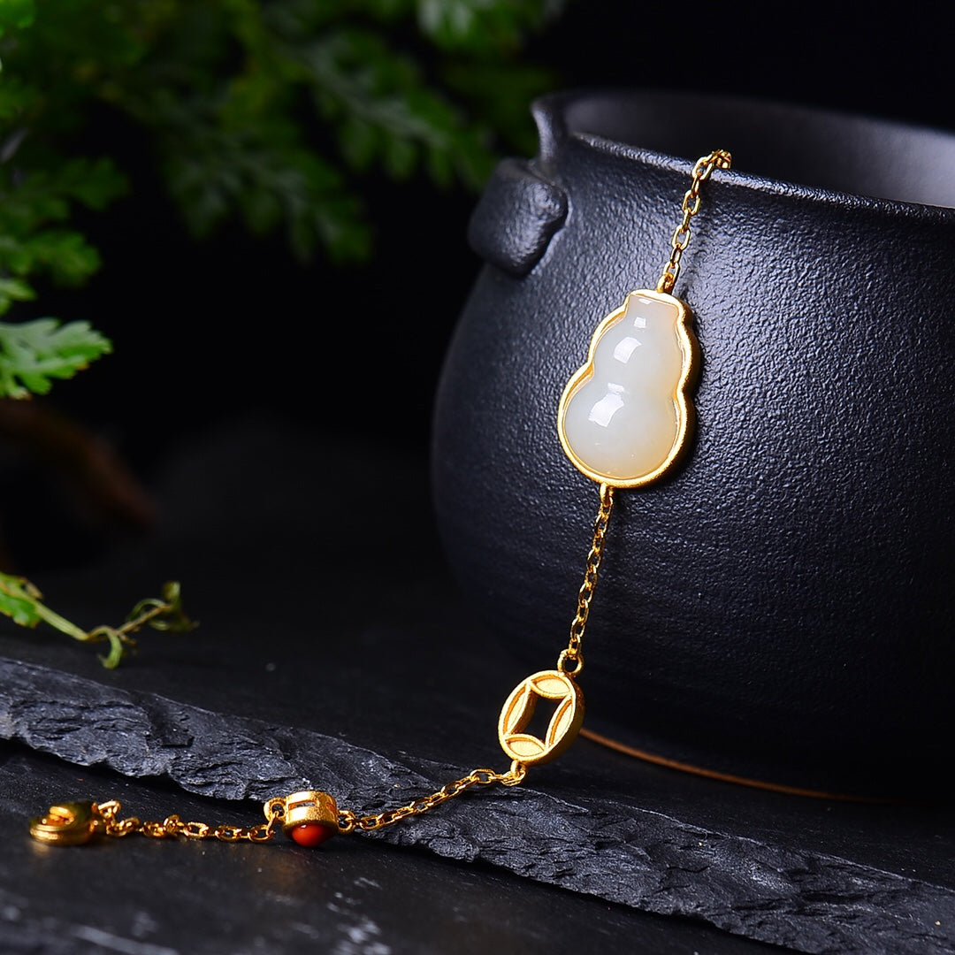 S925 Sterling Silver Nephrite Jade Bangle - Five-Petal Flower Unique Style