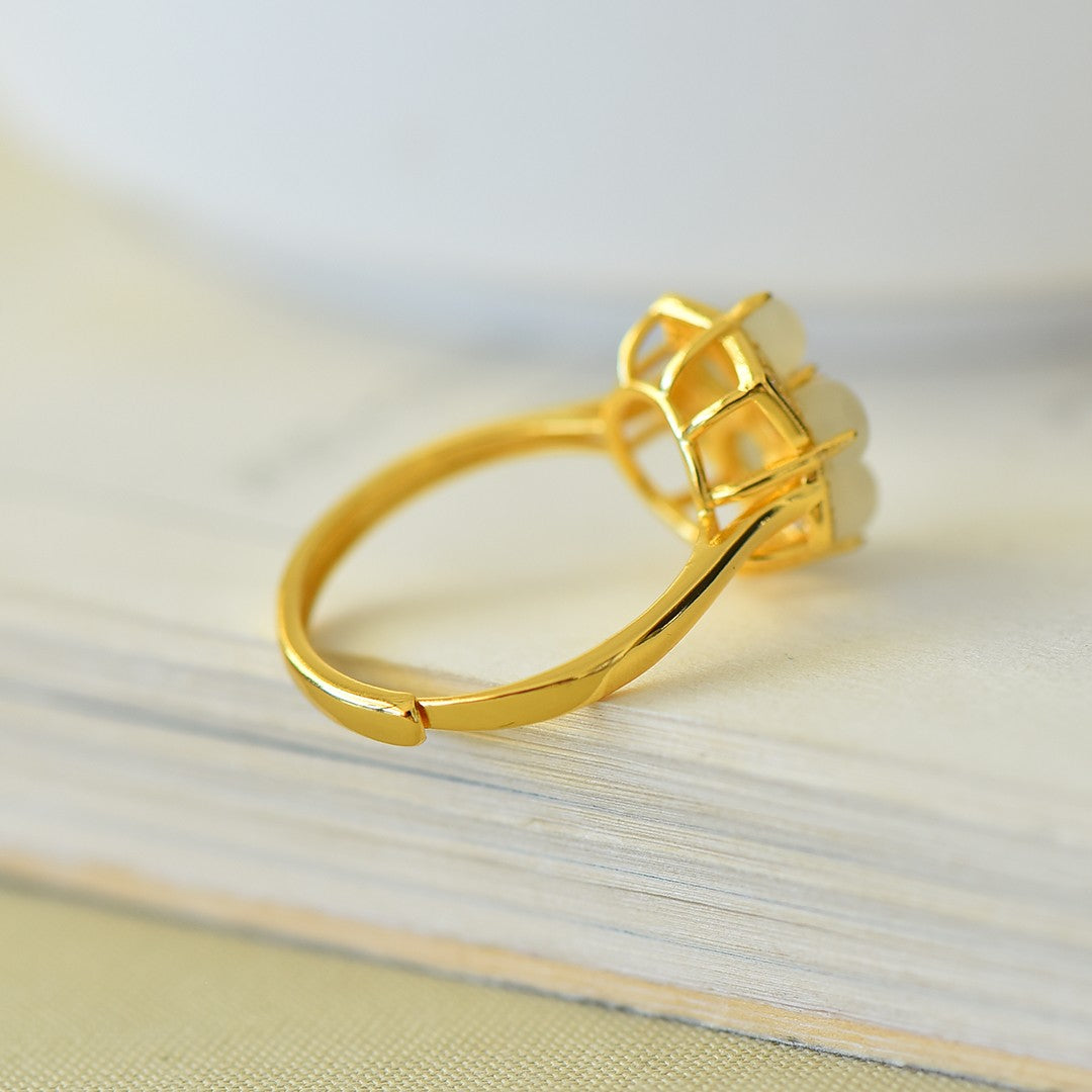 S925 Sterling Silver Nephrite Jade Five-Petal Flower Ring - Delicate