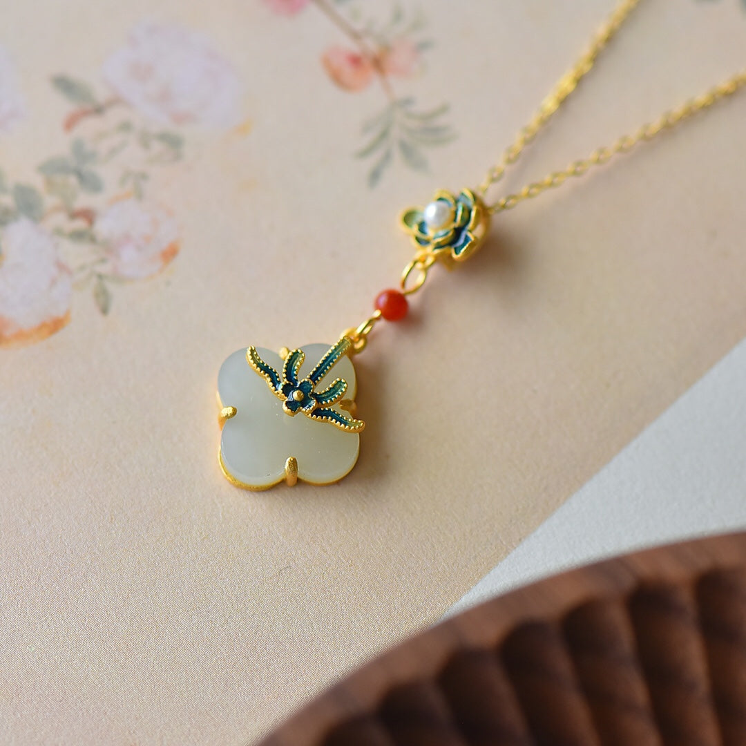 S925 Silver Nephrite Jade Orchid Clover Jewelry Set - Luck Collection