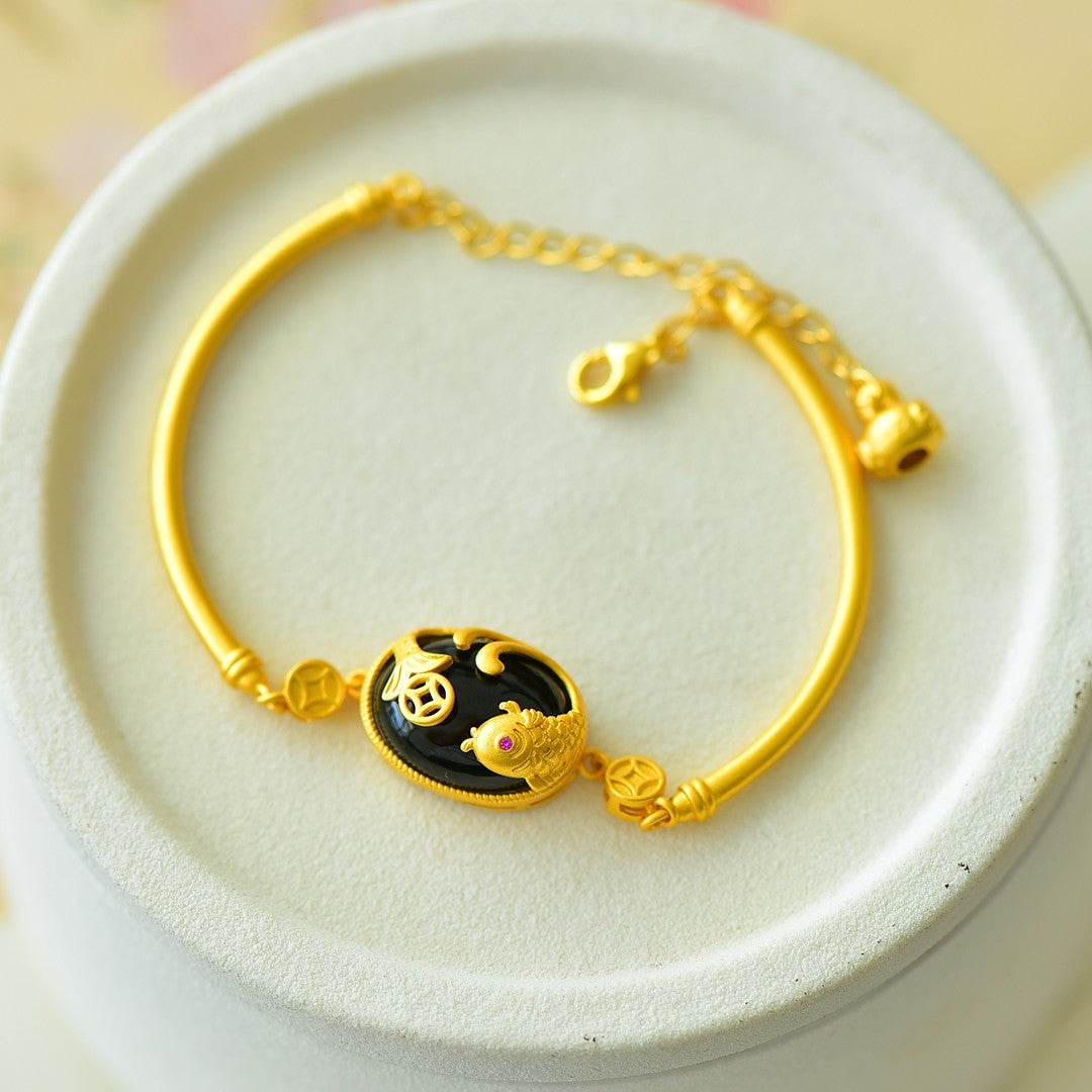 S925 Sterling Silver Black Jade Bangle - Year of Fish Fine Texture