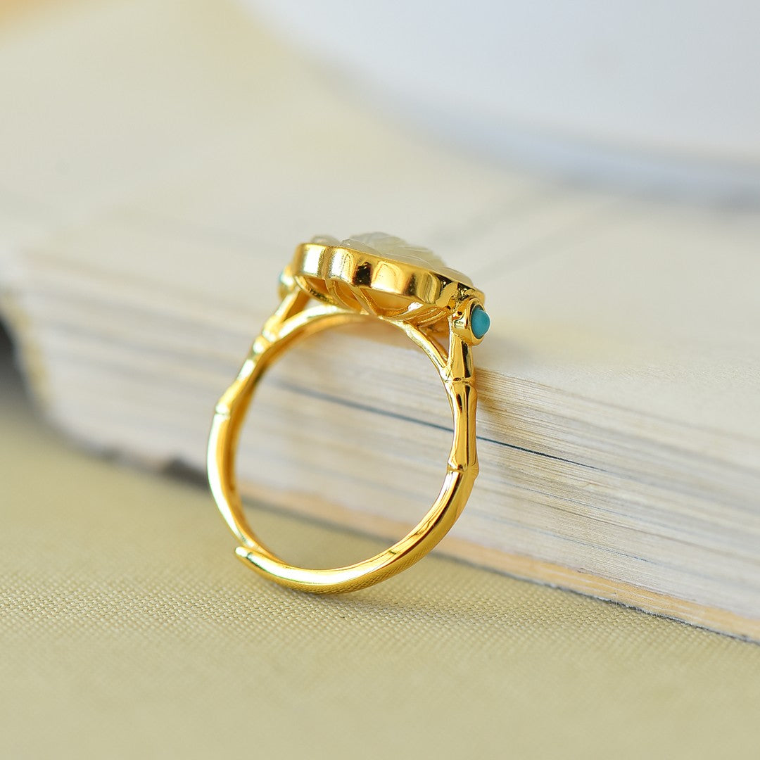 S925 Silver Nephrite Jade Lotus Ruyi Ring - Elegant Style