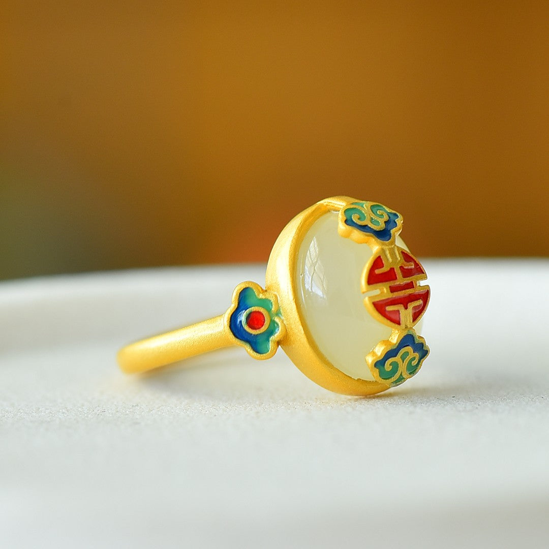 S925 Silver Enamel Nephrite Jade Cabochon Success Ring