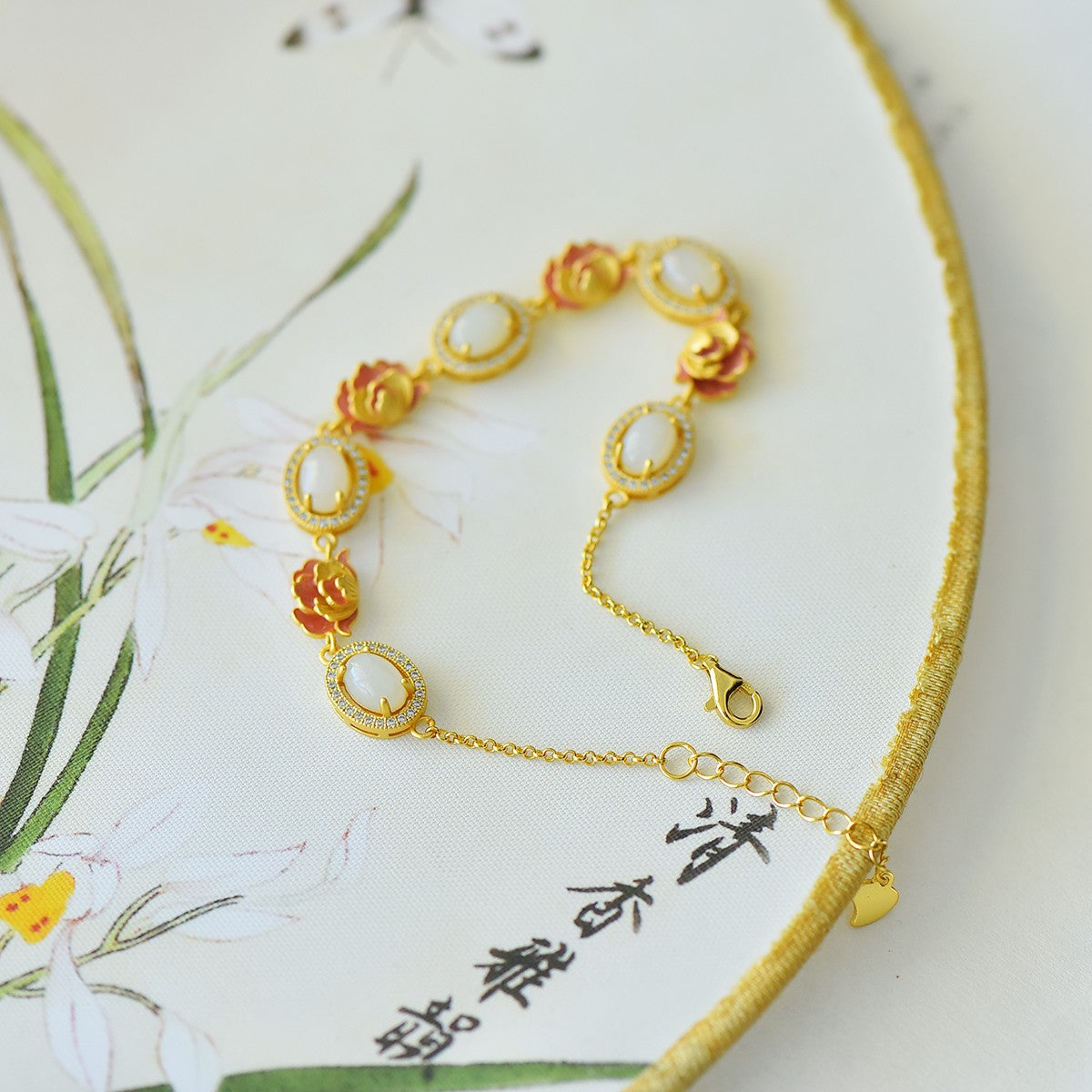 S925 Silver Nephrite Jade Bangle - Lotus Ruyi Enamel Fine Jewelry