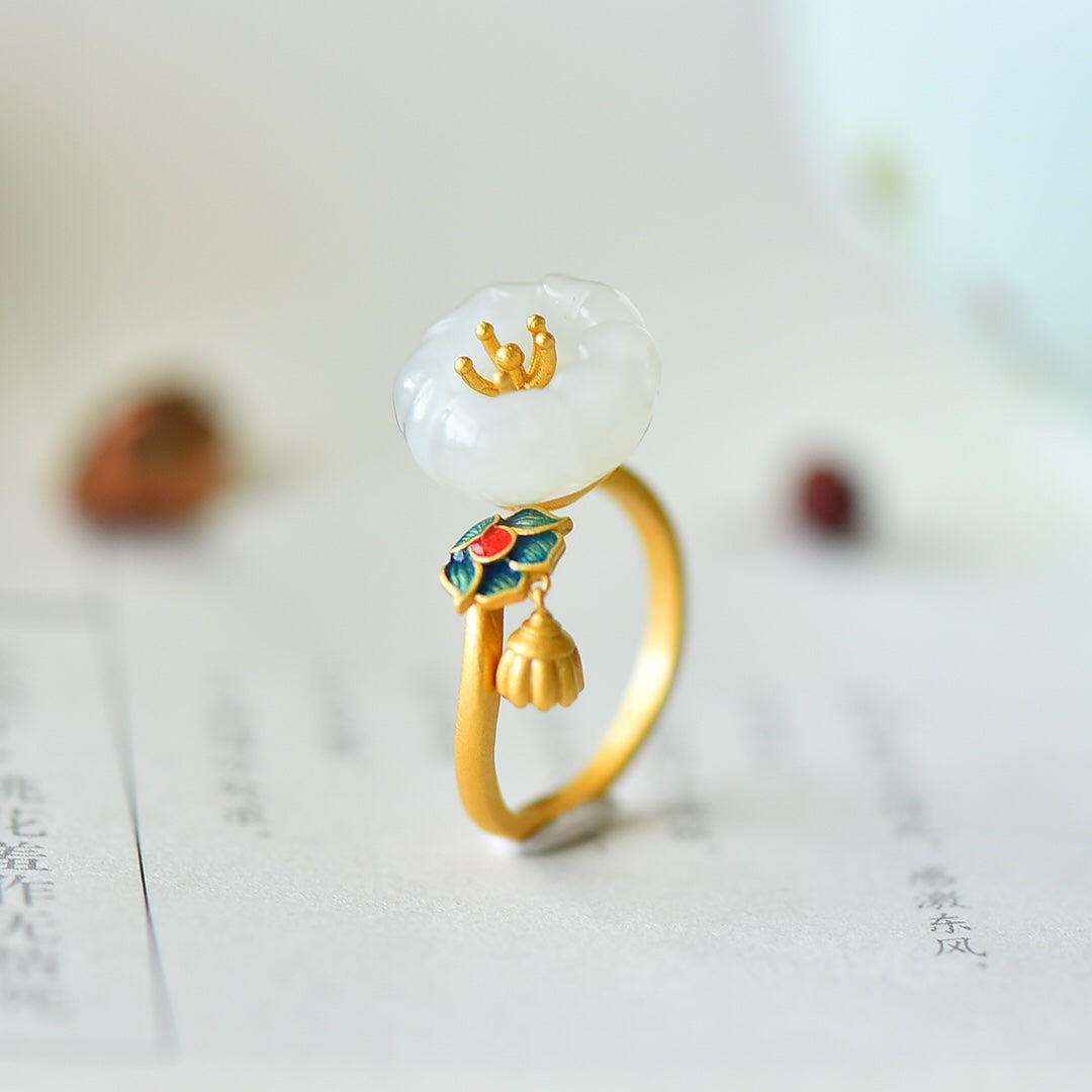 S925 Silver Ancient Method Nephrite Jade Lotus Ring - Elegant Style