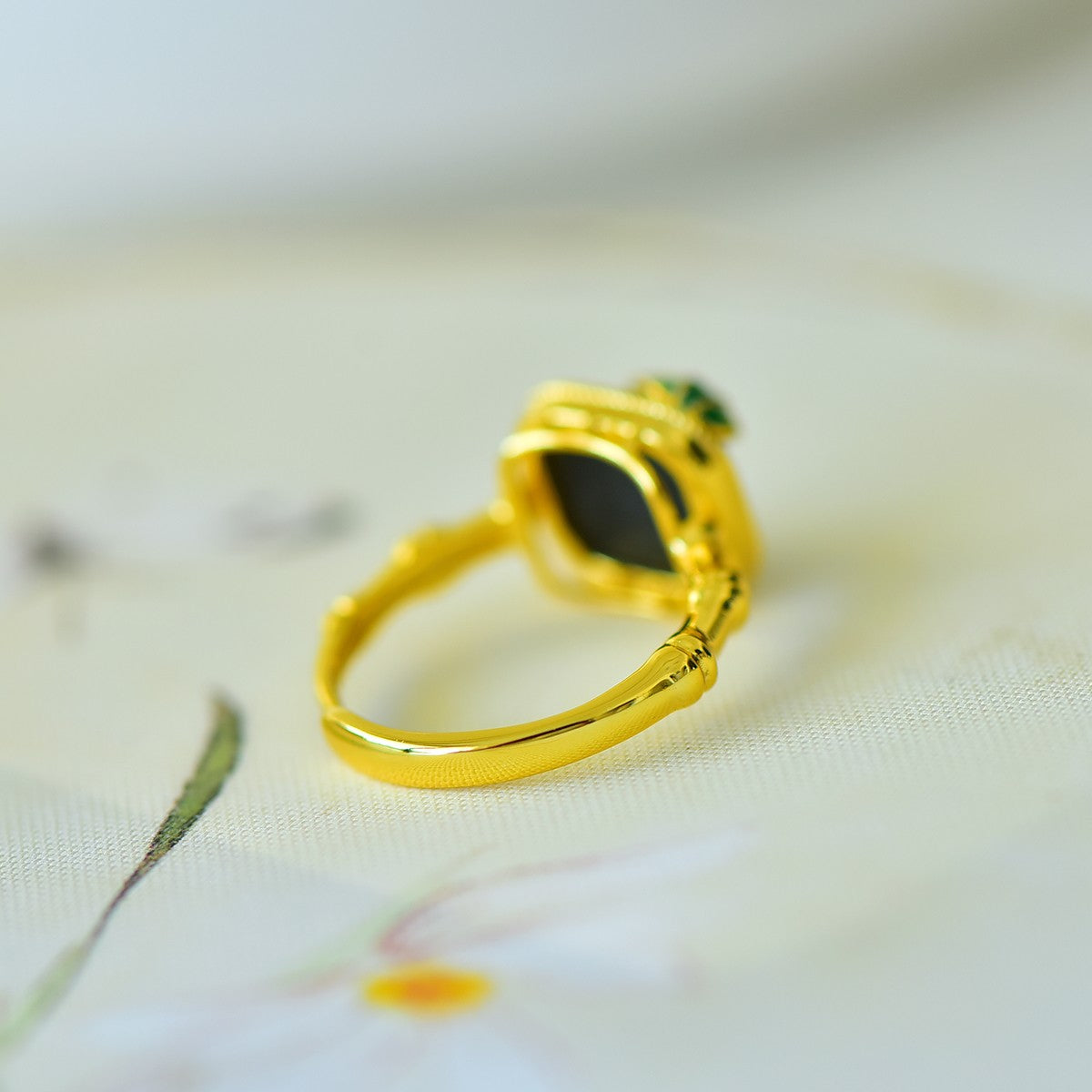 S925 Sterling Silver Nephrite Black Jade Sugar Cube Bamboo Ring
