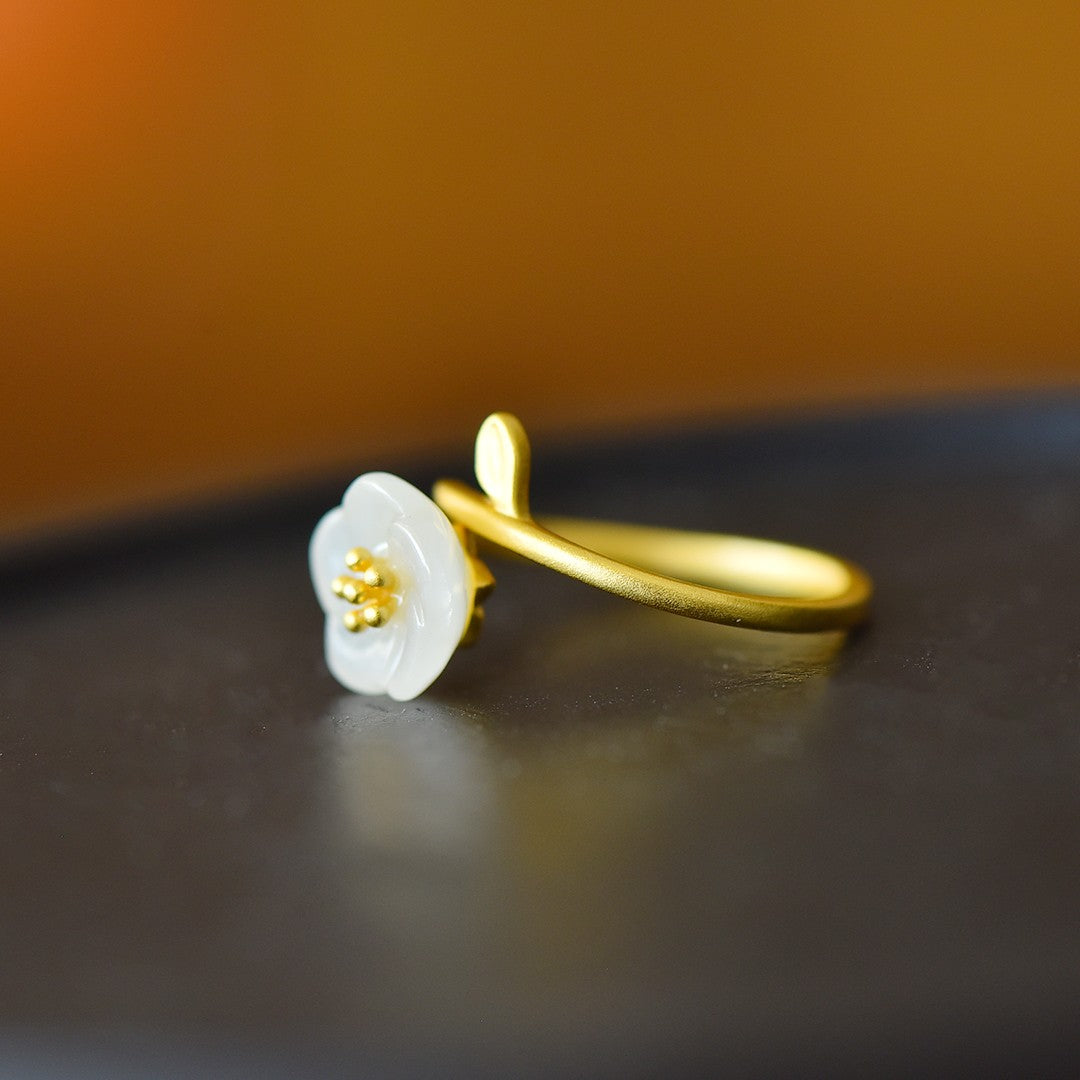 S925 Silver Nephrite Jade Five-Petal Flower Ring - Modern Fashion