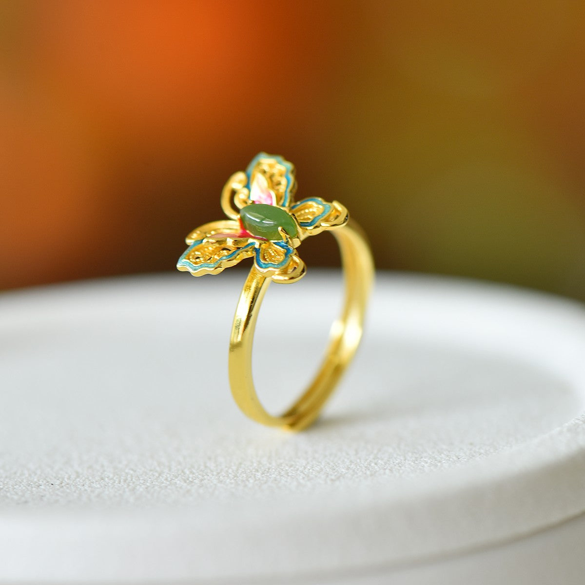 S925 Silver Enamel Nephrite Jade Butterfly Marquise Ring - Unique Design