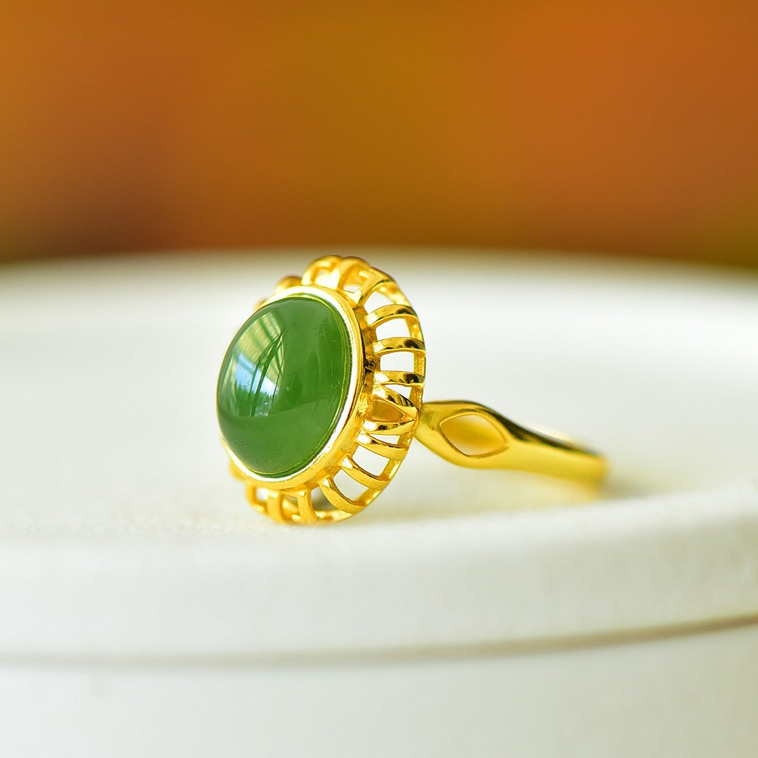 S925 Sterling Silver Enamel Nephrite Jade Cabochon Ring - Modern Style