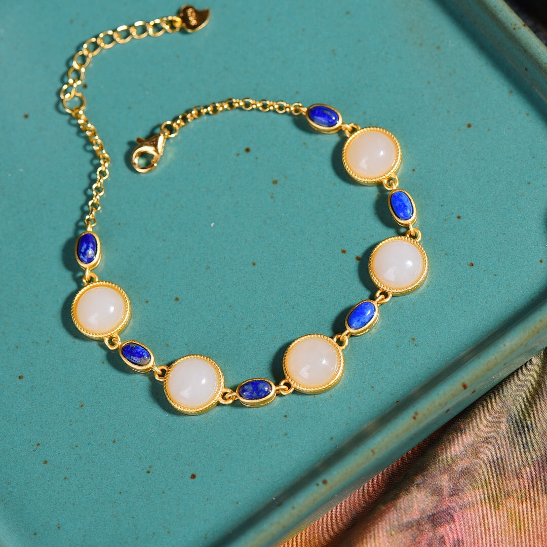 S925 Sterling Silver Nephrite Jade Bangle - Lapis Lazuli Accents Artisan Style