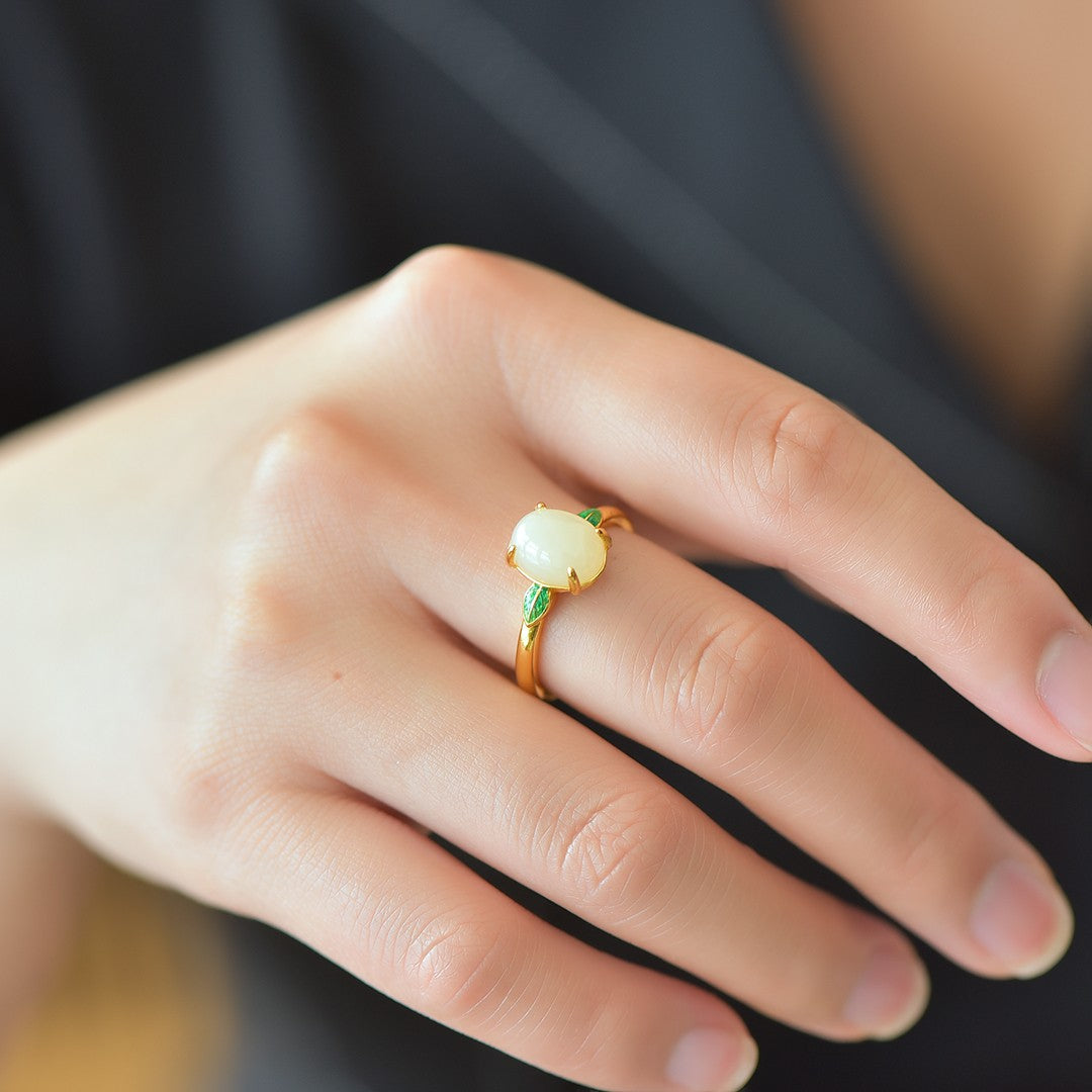S925 Silver Enamel Nephrite Jade Noble Leaf Ring - Elegant Blossom