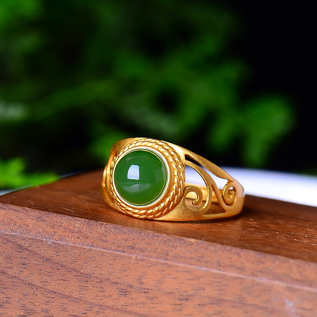S925 Silver Nephrite Green Jade Frosted Cabochon Ring - Elegant Style