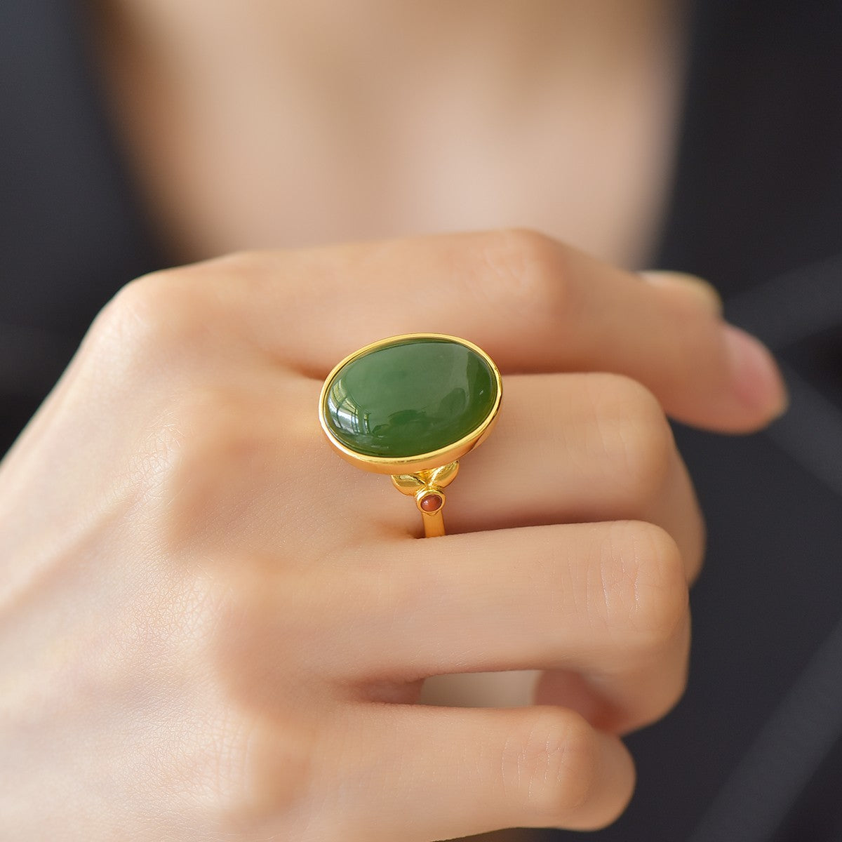 S925 Sterling Silver Nephrite Green Jade Elegant Cabochon Ring