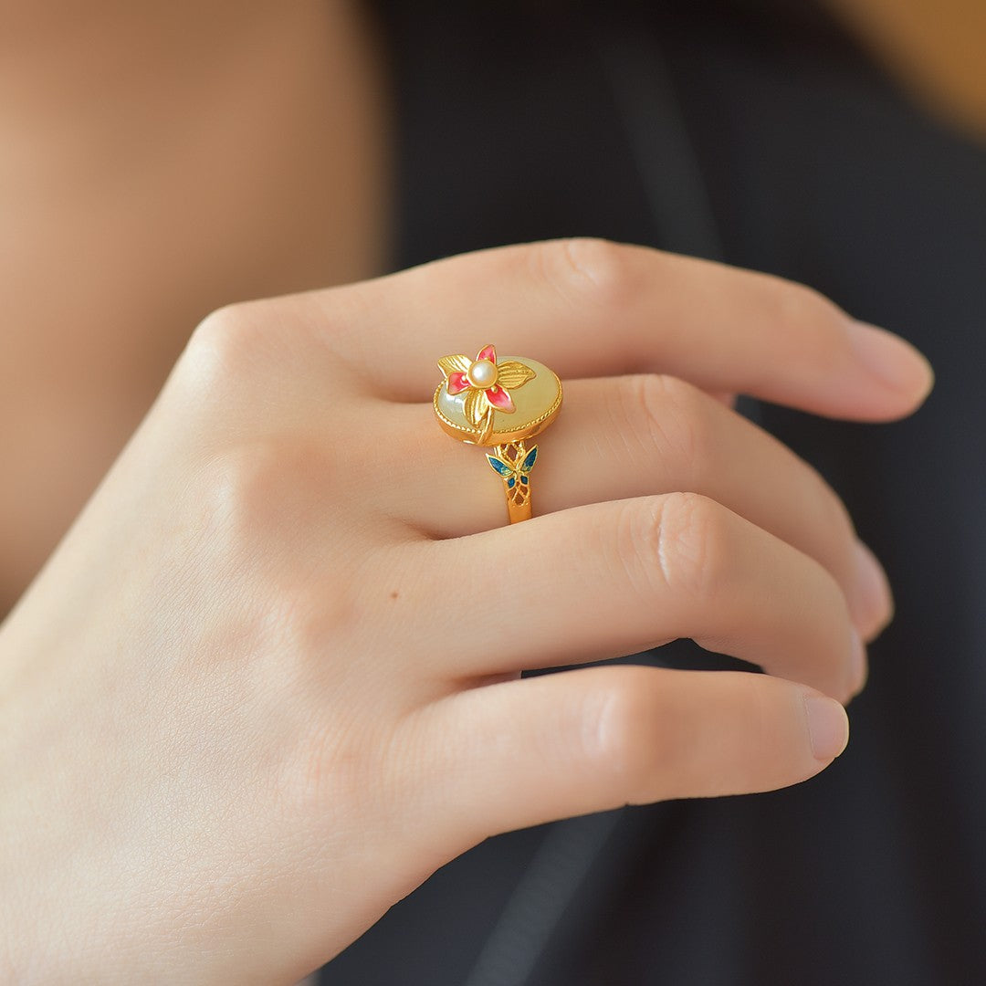 S925 Sterling Silver Enamel Nephrite Jade Butterfly & Flower Ring