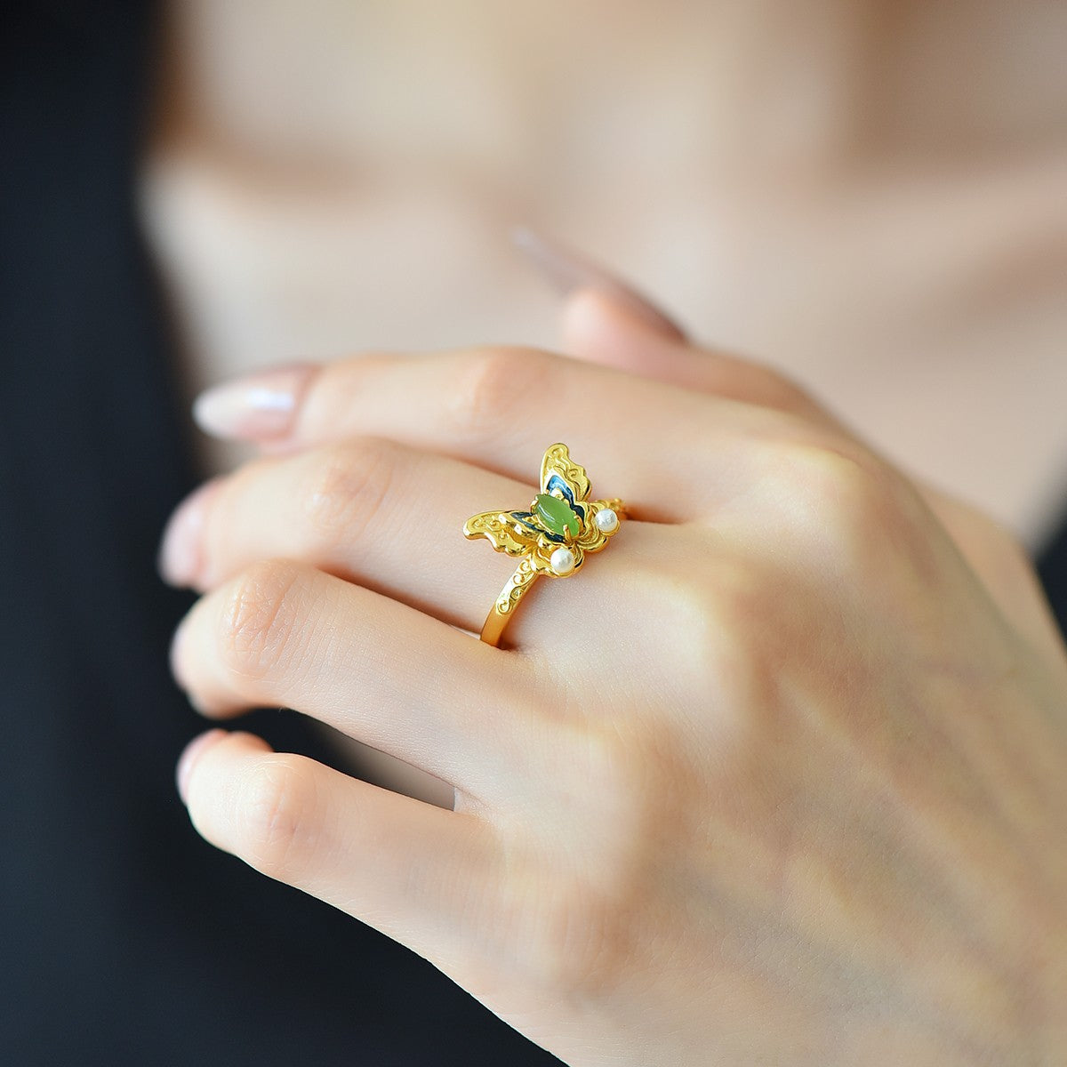 S925 Silver Nephrite Jade Butterfly Ring - Artisan Crafted