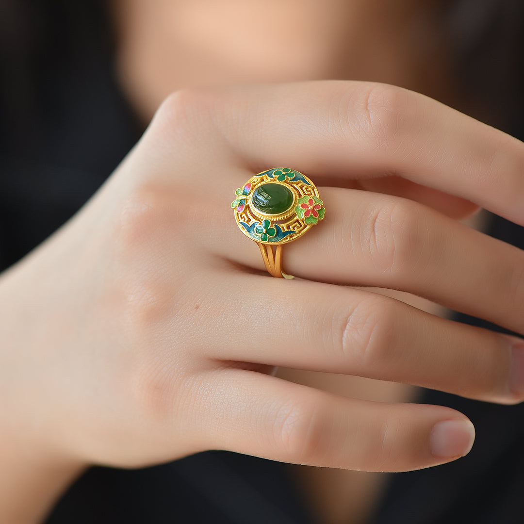S925 Sterling Silver Enamel Nephrite Green Jade Butterfly & Flower Ring