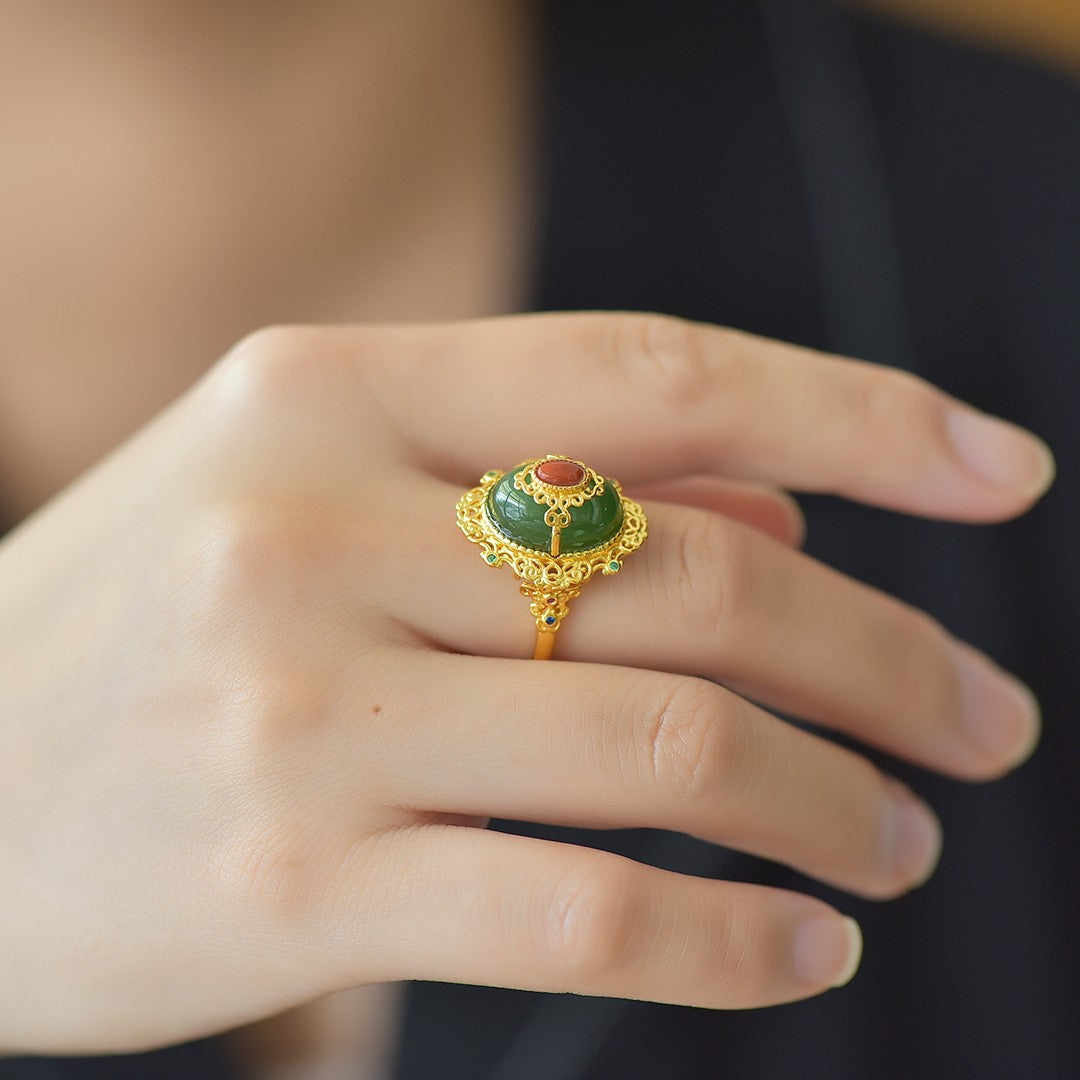S925 Sterling Silver Nephrite Green Jade Ring - Elegant Simple Texture