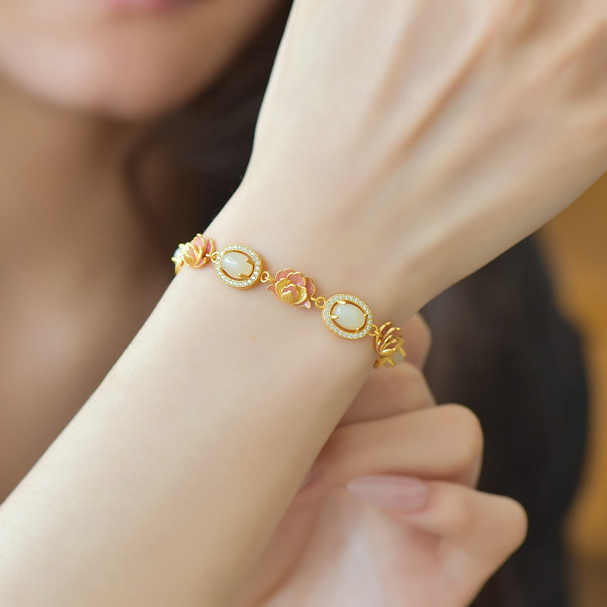 S925 Silver Nephrite Jade Bangle - Lotus Ruyi Enamel Fine Jewelry