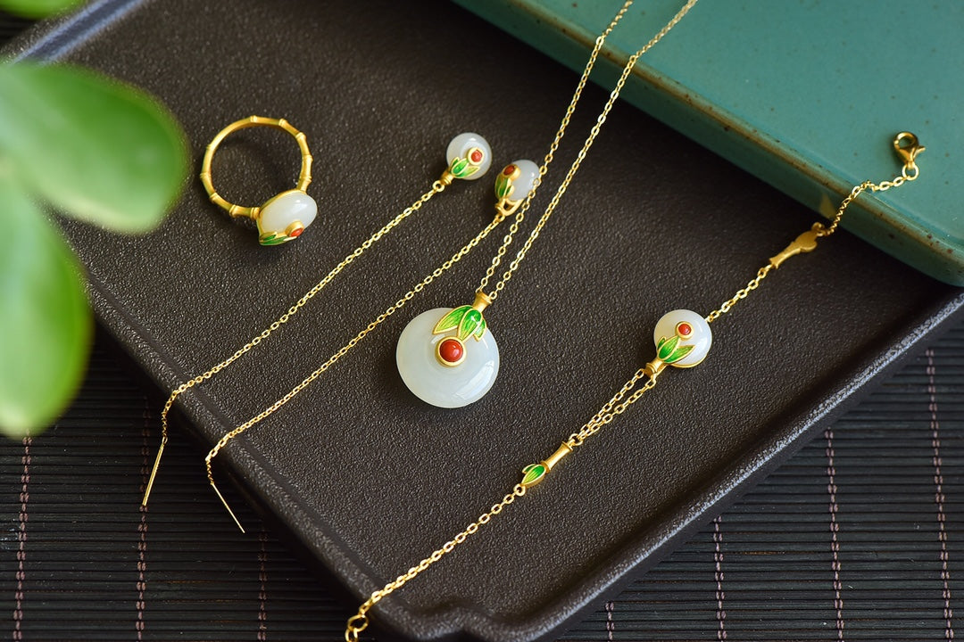 S925 Sterling Silver Nephrite Jade Bamboo Charm Jewelry Set