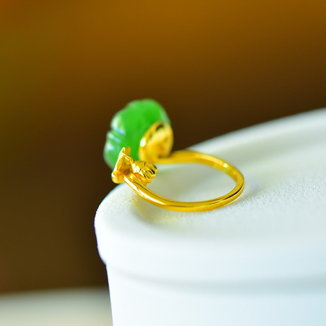 S925 Silver Nephrite Green Jade Lotus & Pod Ring - Artisan Crafted