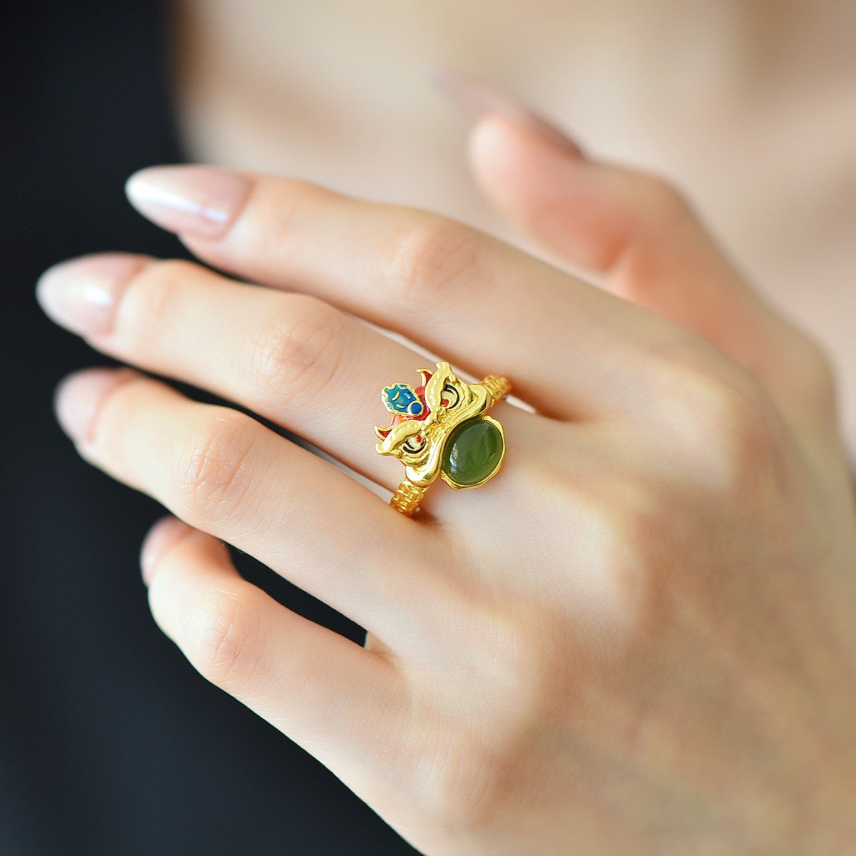 S925 Sterling Silver Nephrite Jade Lion Dance Cabochon Ring