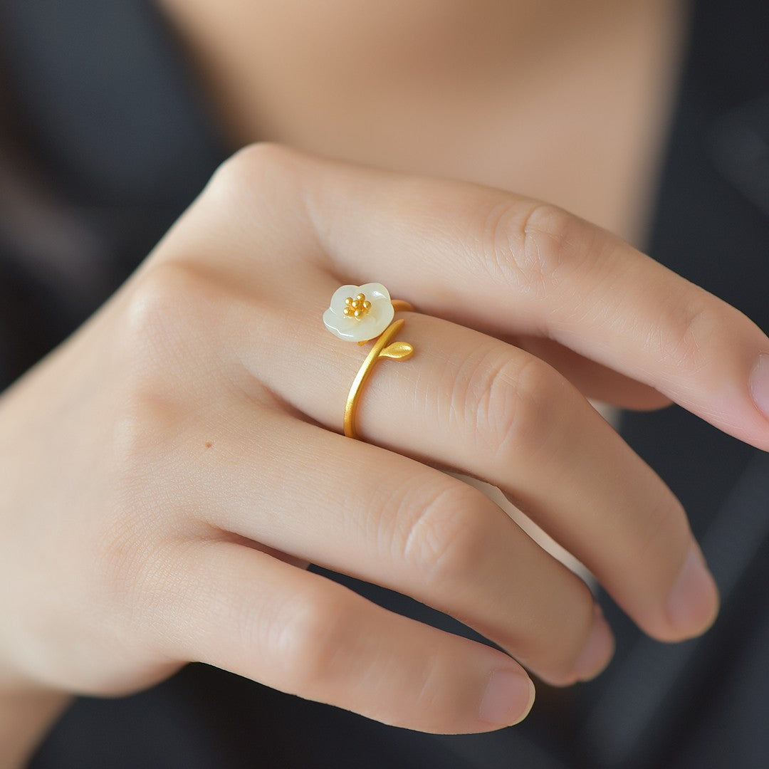S925 Silver Nephrite Jade Five-Petal Flower Ring - Modern Fashion