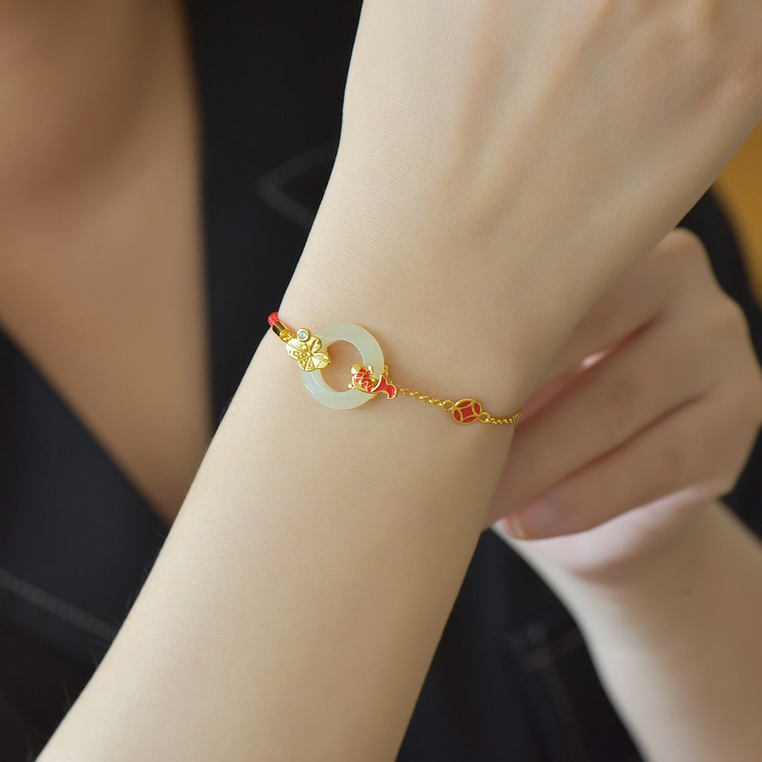 S925 Silver Enamel Nephrite Jade Bangle - Year of Fish Artisan Style
