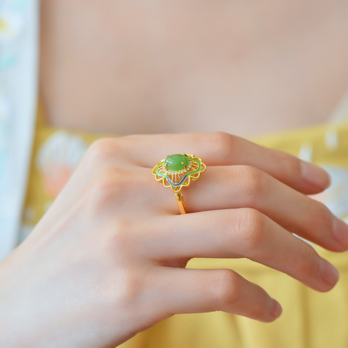S925 Sterling Silver Nephrite Jade Filigree Cabochon Ring