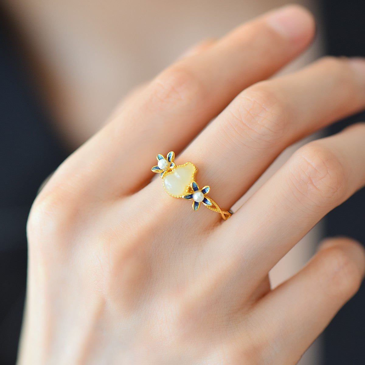 S925 Silver Nephrite Jade Gourd & Orchid Ring - Unique Style