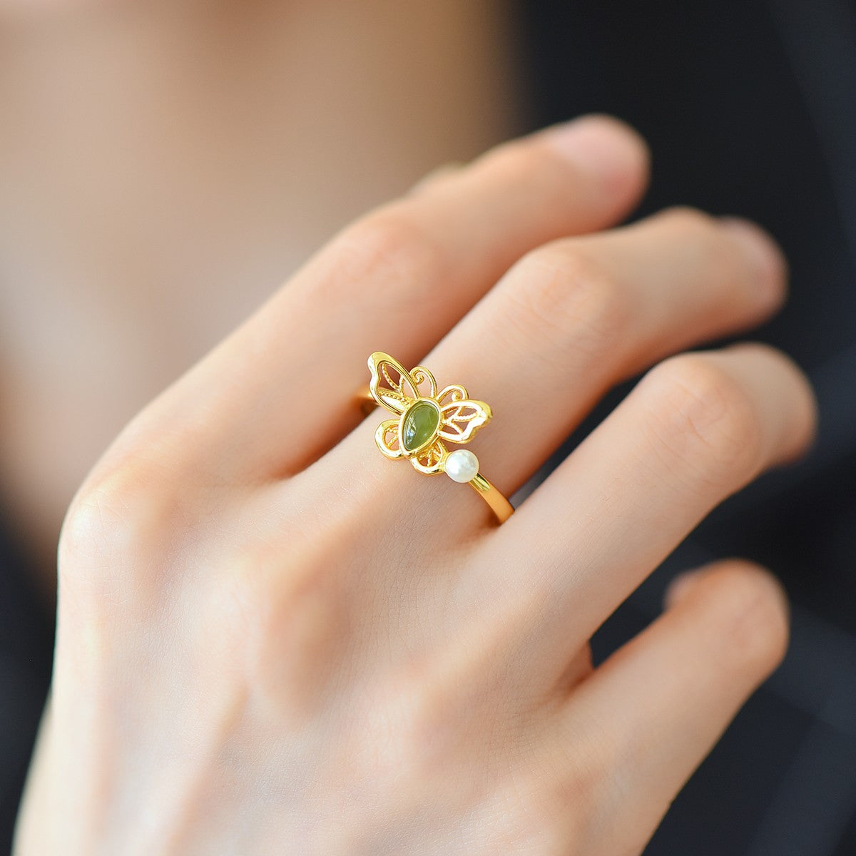 S925 Sterling Silver Nephrite Jade Butterfly Water-drop Ring