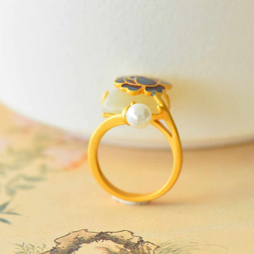 S925 Sterling Silver Enamel Nephrite Jade Peony Flower Ring