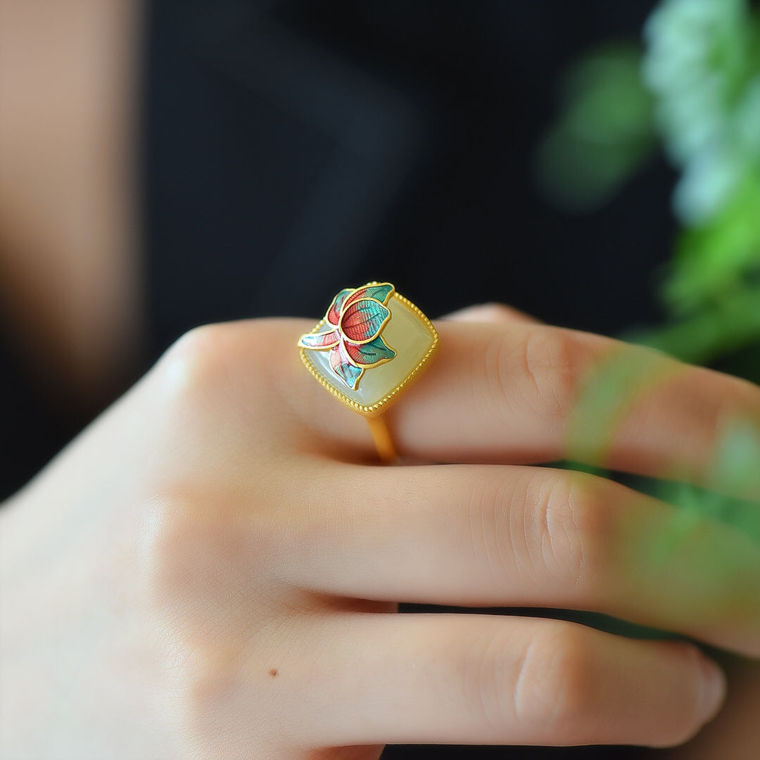 S925 Silver Enamel Nephrite Jade Lotus Luck Ring - Artisan Design