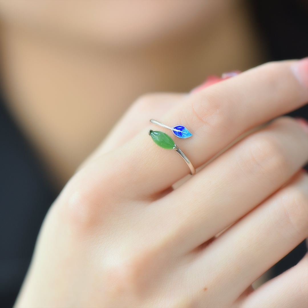 S925 Sterling Silver Enamel Nephrite Green Jade Marquise Ring
