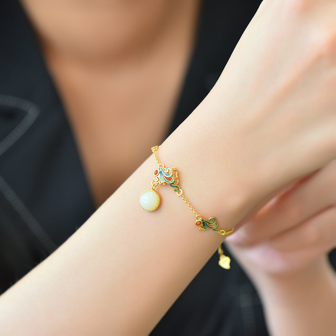 S925 Sterling Silver Enamel Nephrite Jade Bangle - Lotus Ruyi Design