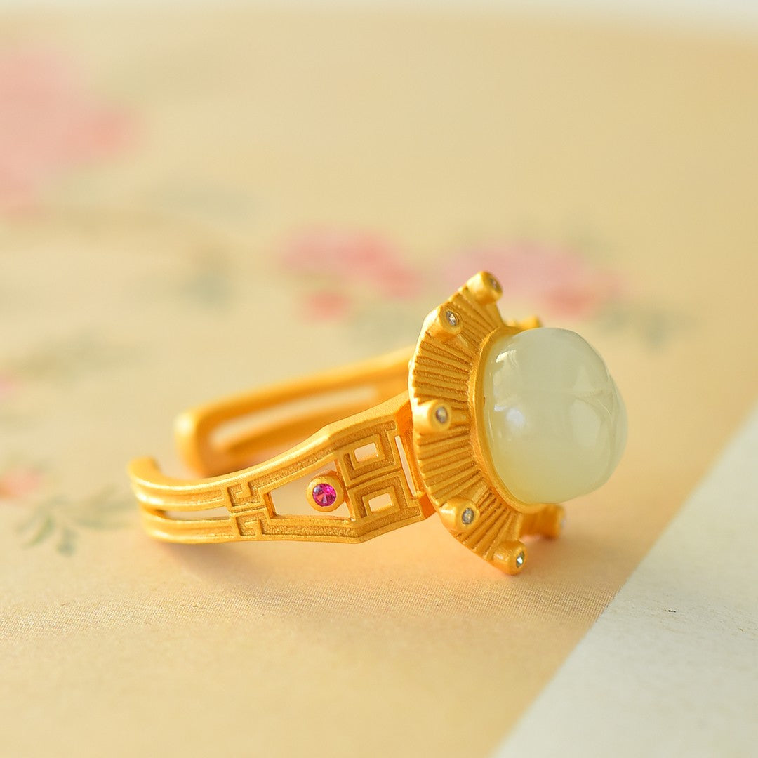 S925 Sterling Silver Nephrite Jade Moonlight Pavilion Design Ring