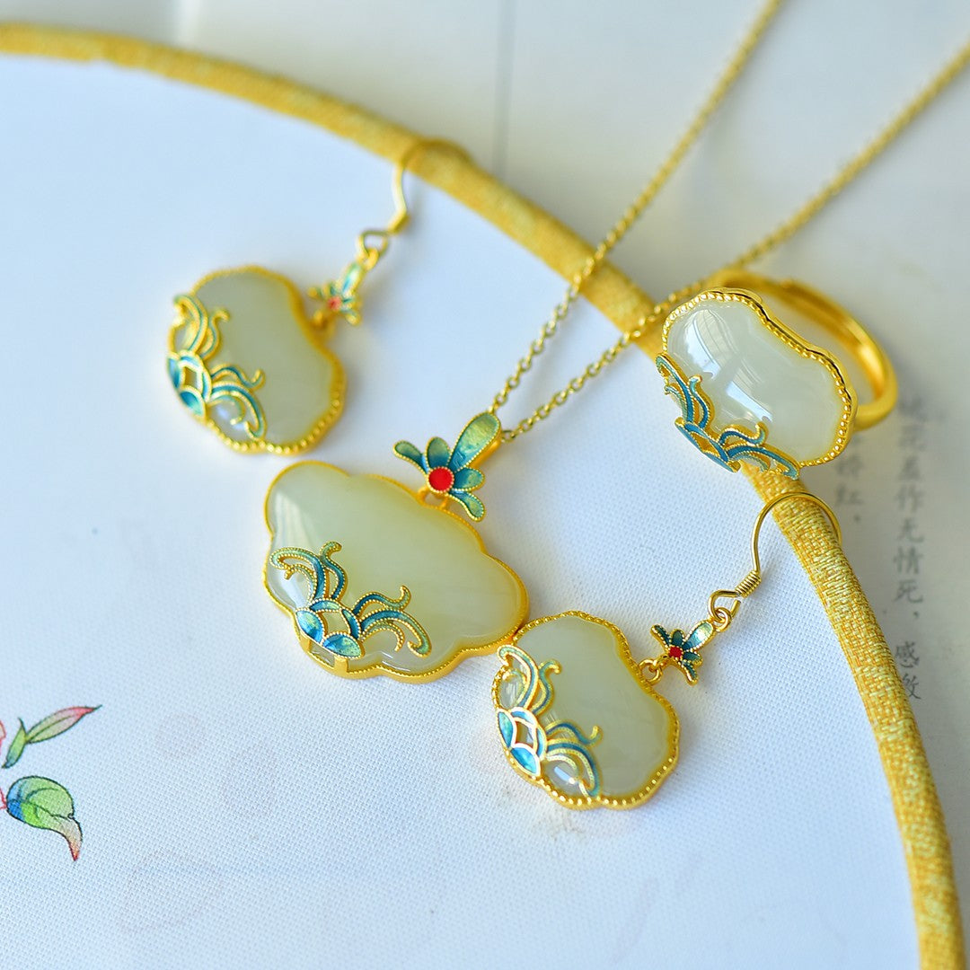 S925 Silver Nephrite Jade Orchid Ruyi Lock Jewelry Set - Elegant Collection