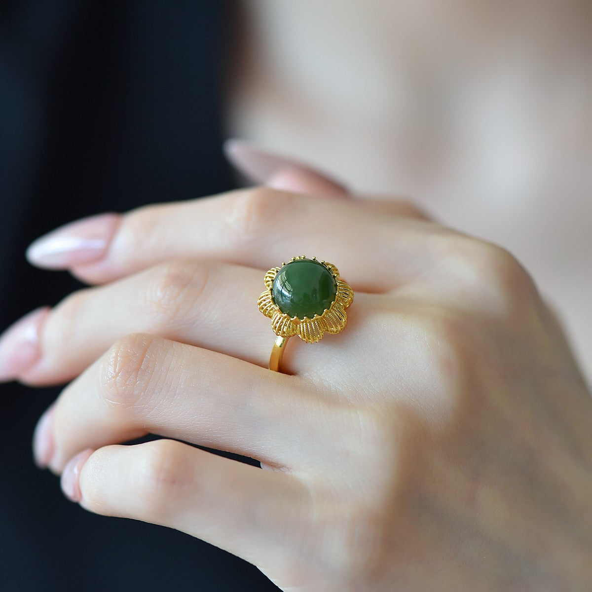 S925 Silver Nephrite Jade Cabochon Hollow-out Ring - Unique Design