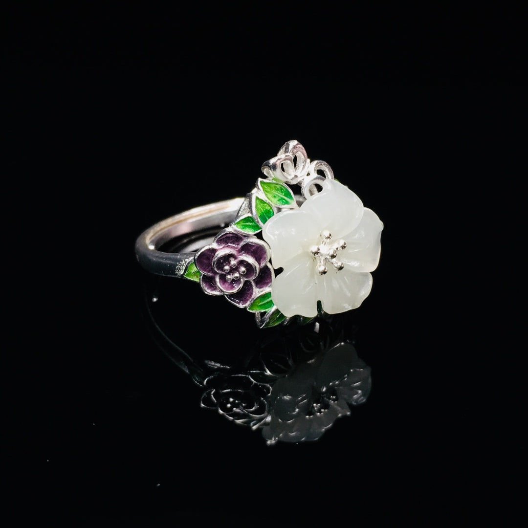 S925 Silver Enamel Nephrite Jade Five-Petal Flower Ring - New Trend