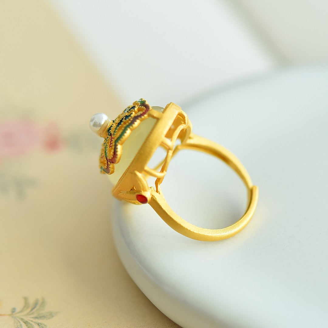 S925 Silver Enamel Nephrite Jade Butterfly & Pearl Ring