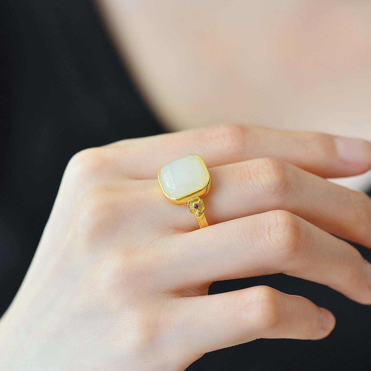 S925 Silver Nephrite Jade Sugar Cube Simple Silver Ring