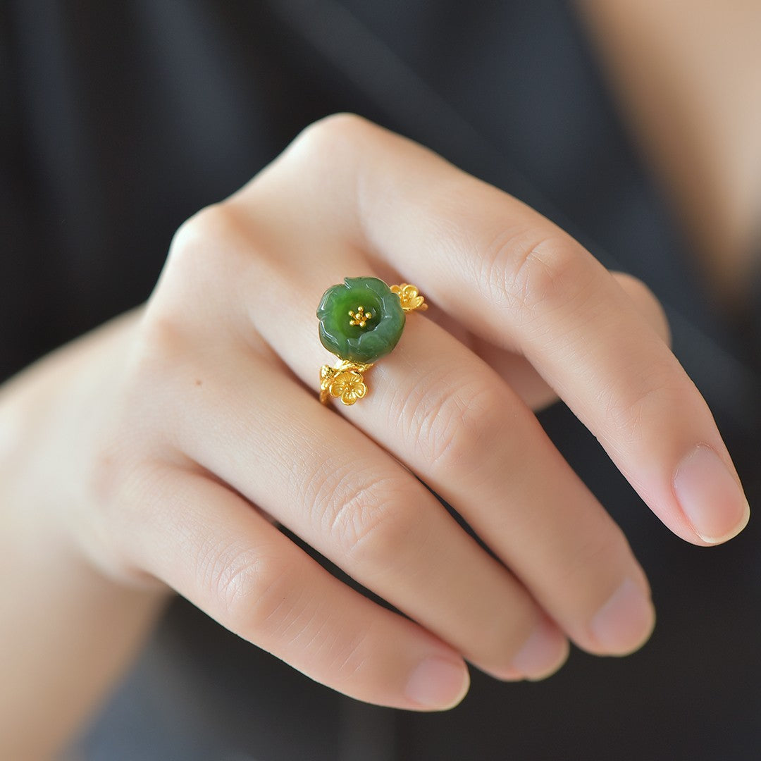 S925 Silver Nephrite Green Jade Lotus Flower Ring - Pure Silver Style