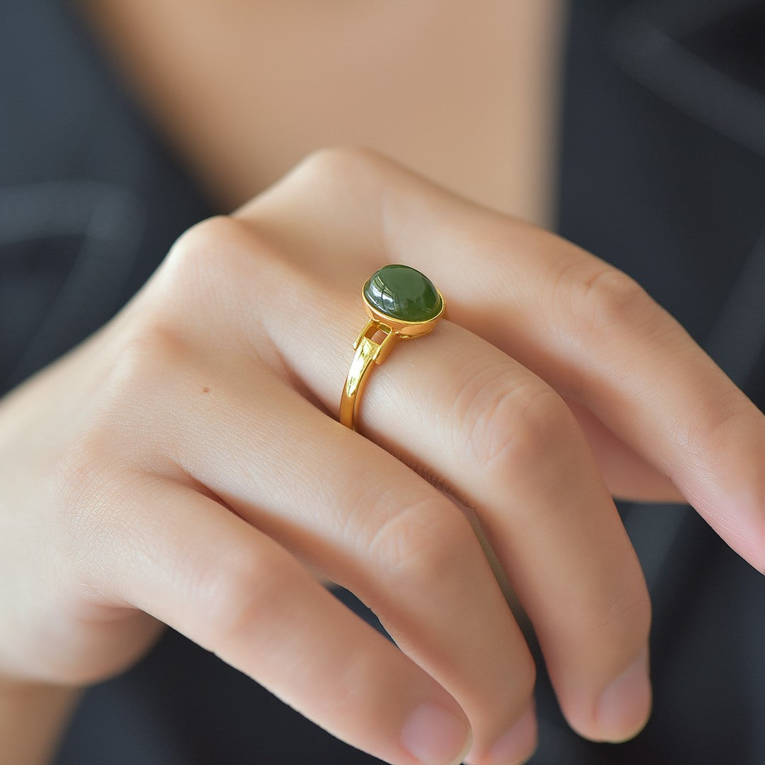 S925 Sterling Silver Nephrite Green Jade Fullness Simple Ring