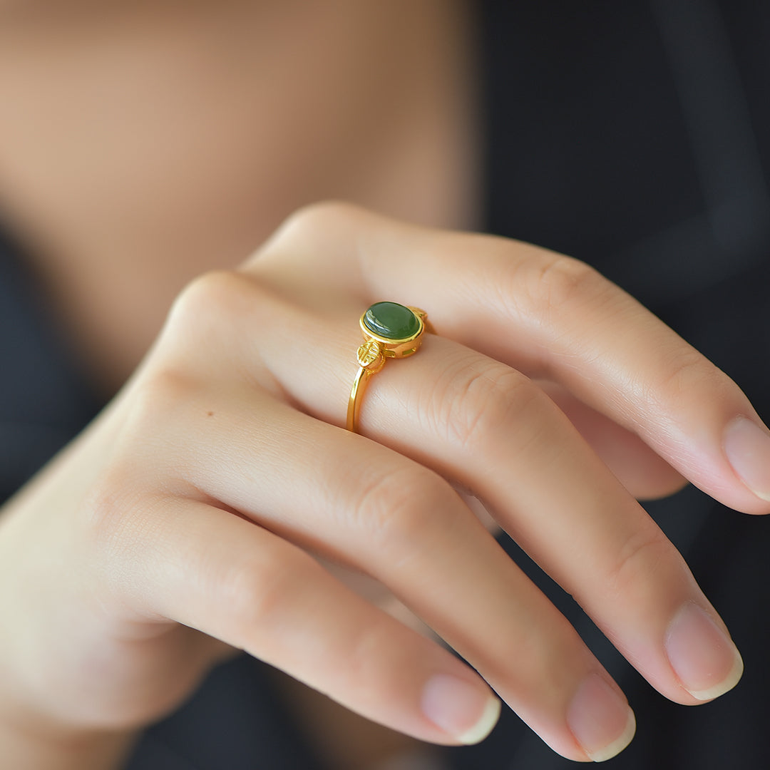 S925 Sterling Silver Nephrite Green Jade Cabochon Ring - Full of Luck