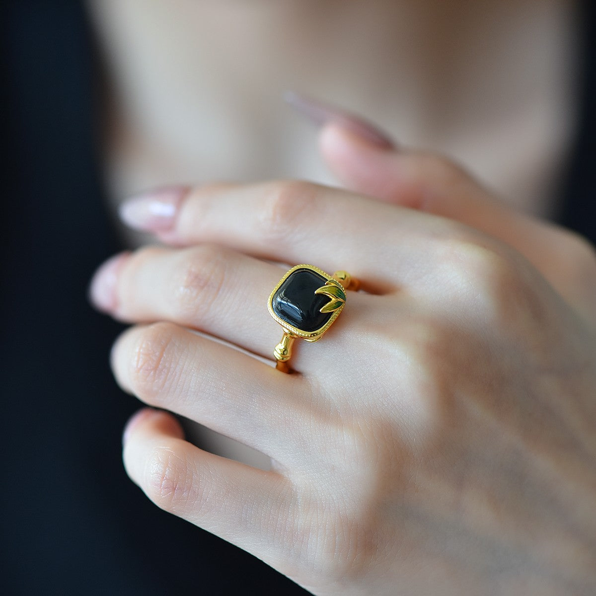 S925 Sterling Silver Nephrite Black Jade Sugar Cube Bamboo Ring