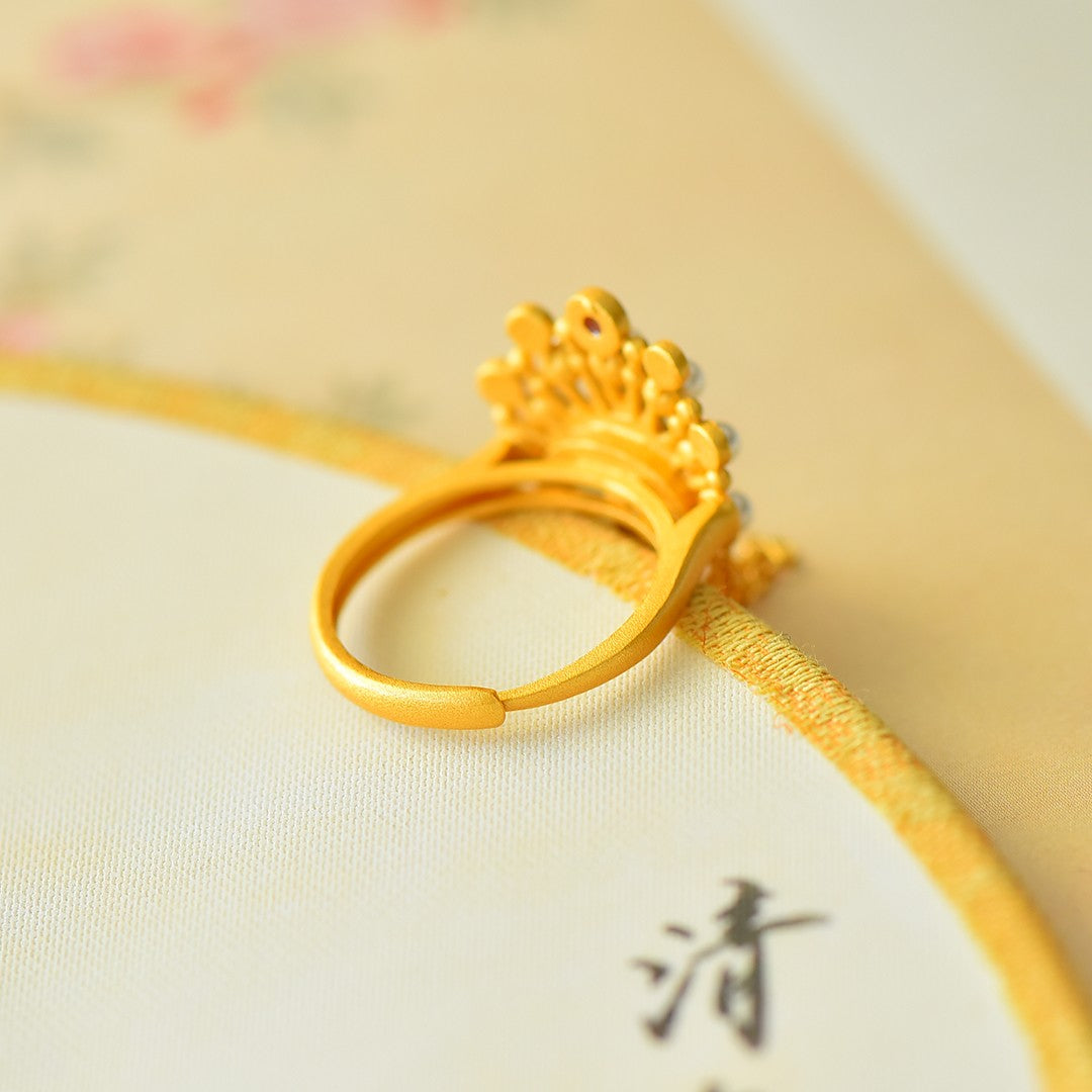 S925 Sterling Silver Nephrite Jade Phoenix Crown Ring - Elegant Style