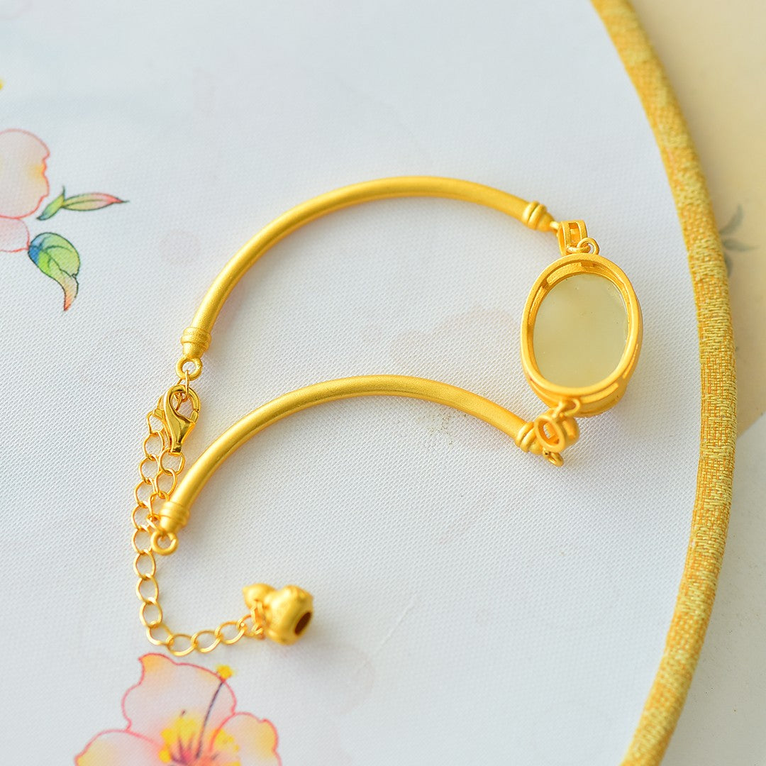 S925 Silver Nephrite Jade Bangle - Success Enamel Inlay Design