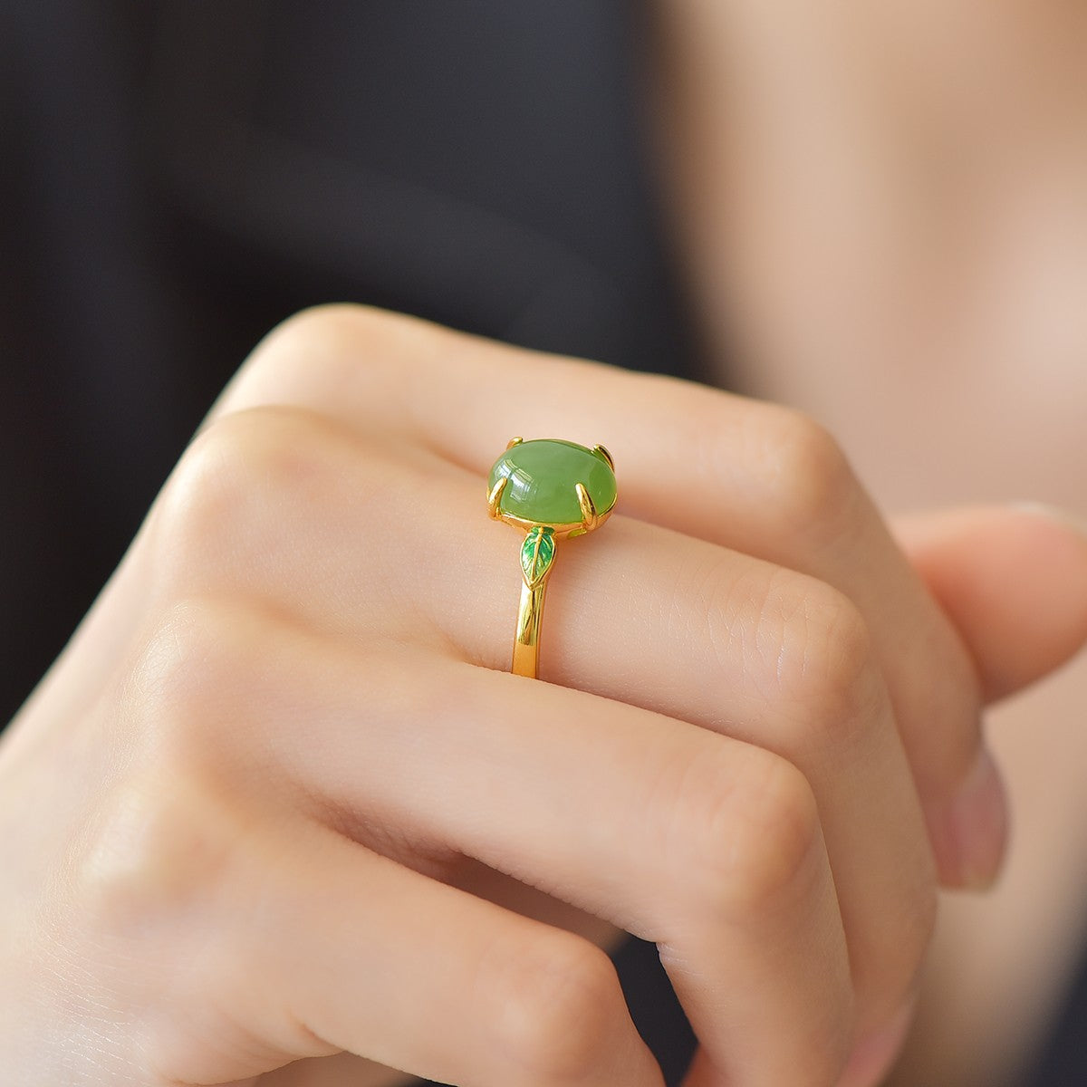 S925 Silver Enamel Nephrite Green Jade Noble Leaf Ring - Elegant Style