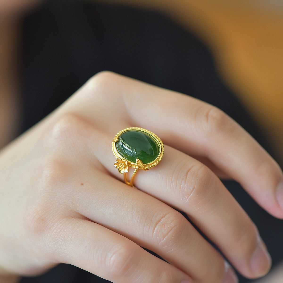 S925 Silver Nephrite Green Jade Prosperity Ring - Success Motif